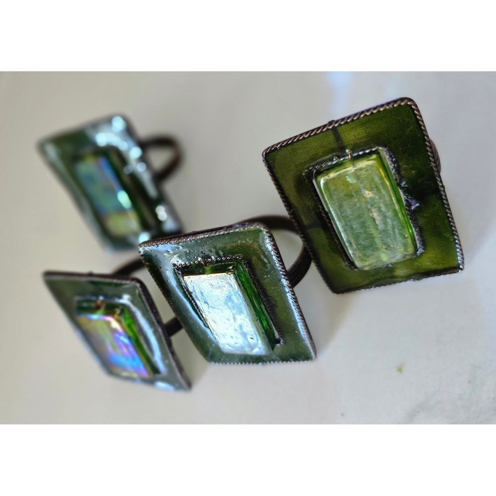 Art Glass Napkin Rings Set of 4 Green Iridescent Dichroic Rectangle Artisan